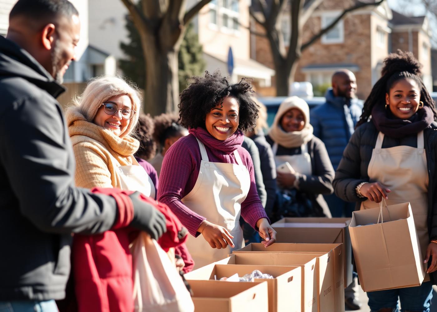Volunteers handing out winter coats at a neighborhood outreach event